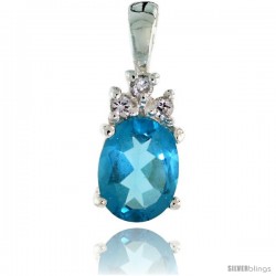 Sterling Silver Oval-shaped March Birthstone CZ Pendant, w/ 9x7mm Oval Cut Aquamarine-colored Stone & Brilliant Cut Clear