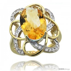 14k Gold Natural Citrine Floral Design Ring 13x 19 mm Oval Shape Diamond Accent, 7/8inch wide