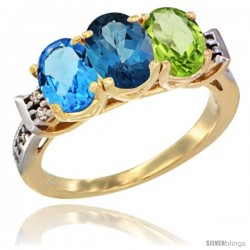 10K Yellow Gold Natural Swiss Blue Topaz, London Blue Topaz & Peridot Ring 3-Stone Oval 7x5 mm Diamond Accent