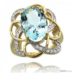 14k Gold Natural Aquamarine Floral Design Ring 13x 19 mm Oval Shape Diamond Accent, 7/8inch wide