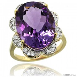 14k Gold Natural Amethyst Ring 18x13 mm Oval Shape Diamond Halo, 3/4inch wide