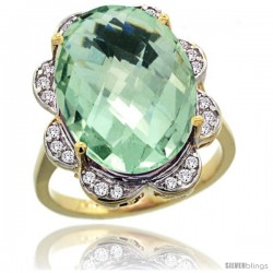 14k Gold Natural Green Amethyst Ring 18x13 mm Oval Shape Diamond Halo, 3/4inch wide