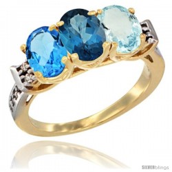 10K Yellow Gold Natural Swiss Blue Topaz, London Blue Topaz & Aquamarine Ring 3-Stone Oval 7x5 mm Diamond Accent