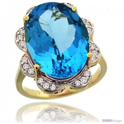 14k Gold Natural Swiss Blue Topaz Ring 18x13 mm Oval Shape Diamond Halo, 3/4inch wide