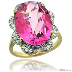 14k Gold Natural Pink Topaz Ring 18x13 mm Oval Shape Diamond Halo, 3/4inch wide