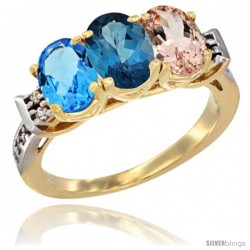 10K Yellow Gold Natural Swiss Blue Topaz, London Blue Topaz & Morganite Ring 3-Stone Oval 7x5 mm Diamond Accent