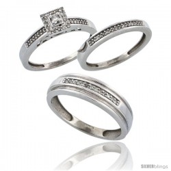 14k White Gold 3-Piece Trio His (6mm) & Hers (2.5mm) Diamond Wedding Band Set, w/ 0.33 Carat Brilliant Cut -Style Ljw201w3