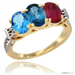 10K Yellow Gold Natural Swiss Blue Topaz, London Blue Topaz & Ruby Ring 3-Stone Oval 7x5 mm Diamond Accent