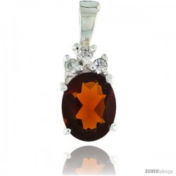 Sterling Silver Oval-shaped January Birthstone CZ Pendant, w/ 9x7mm Oval Cut Garnet-colored Stone & Brilliant Cut Clear Stones