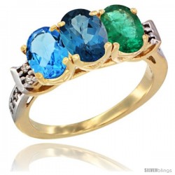 10K Yellow Gold Natural Swiss Blue Topaz, London Blue Topaz & Emerald Ring 3-Stone Oval 7x5 mm Diamond Accent