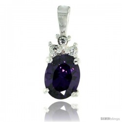 Sterling Silver Oval-shaped February Birthstone CZ Pendant, w/ 9x7mm Oval Cut Amethyst-colored Stone & Brilliant Cut Clear