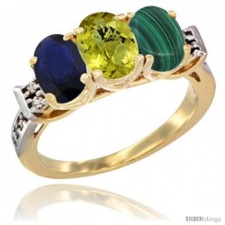 10K Yellow Gold Natural Blue Sapphire, Lemon Quartz & Malachite Ring 3-Stone Oval 7x5 mm Diamond Accent