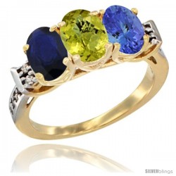 10K Yellow Gold Natural Blue Sapphire, Lemon Quartz & Tanzanite Ring 3-Stone Oval 7x5 mm Diamond Accent