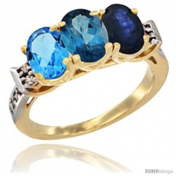 10K Yellow Gold Natural Swiss Blue Topaz, London Blue Topaz & Blue Sapphire Ring 3-Stone Oval 7x5 mm Diamond Accent