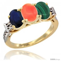 10K Yellow Gold Natural Blue Sapphire, Coral & Malachite Ring 3-Stone Oval 7x5 mm Diamond Accent