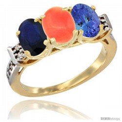 10K Yellow Gold Natural Blue Sapphire, Coral & Tanzanite Ring 3-Stone Oval 7x5 mm Diamond Accent