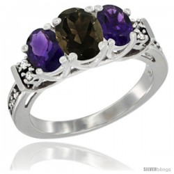 14K White Gold Natural Smoky Topaz & Amethyst Ring 3-Stone Oval with Diamond Accent