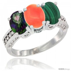 14K White Gold Natural Mystic Topaz, Coral & Malachite Ring 3-Stone 7x5 mm Oval Diamond Accent