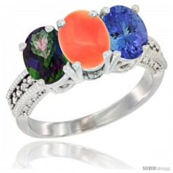 14K White Gold Natural Mystic Topaz, Coral & Tanzanite Ring 3-Stone 7x5 mm Oval Diamond Accent