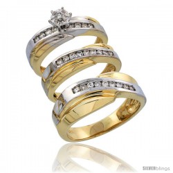 14k Gold 3-Piece Trio His (8mm) & Hers (5mm) Diamond Wedding Band Set w/ Rhodium Accent, w/ 0.52 Carat Brilliant Cut Diamonds