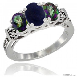 14K White Gold Natural Lapis & Mystic Topaz Ring 3-Stone Oval with Diamond Accent