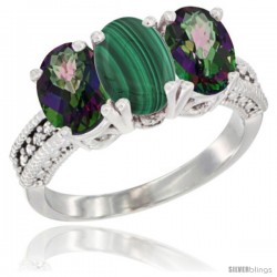 14K White Gold Natural Malachite & Mystic Topaz Sides Ring 3-Stone 7x5 mm Oval Diamond Accent