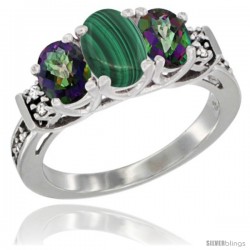 14K White Gold Natural Malachite & Mystic Topaz Ring 3-Stone Oval with Diamond Accent