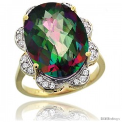 14k Gold Natural Mystic Topaz Ring 18x13 mm Oval Shape Diamond Halo, 3/4inch wide