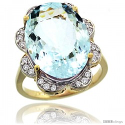 14k Gold Natural Aquamarine Ring 18x13 mm Oval Shape Diamond Halo, 3/4inch wide