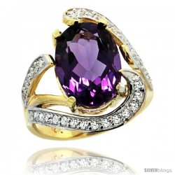 14k Gold Natural Amethyst Ring Oval 14x10 Diamond Accent, 3/4 in wide