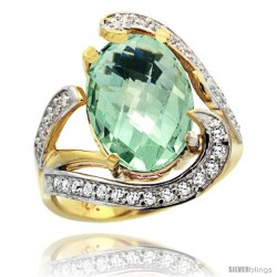 14k Gold Natural Green Amethyst Ring Oval 14x10 Diamond Accent, 3/4 in wide