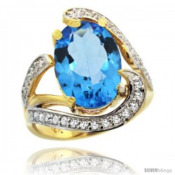 14k Gold Natural Swiss Blue Topaz Ring Oval 14x10 Diamond Accent, 3/4 in wide