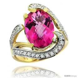 14k Gold Natural Pink Topaz Ring Oval 14x10 Diamond Accent, 3/4 in wide