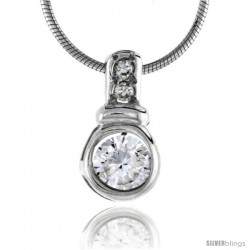 High Polished Sterling Silver 5/8" (16 mm) tall Enhancer Pendant, w/ one 6mm & two 2mm Brilliant Cut CZ Stones, w/ 18" Thin Box