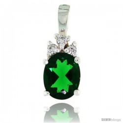 Sterling Silver Oval-shaped May Birthstone CZ Pendant, w/ 9x7mm Oval Cut Emerald-colored Stone & Brilliant Cut Clear Stones