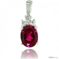 Sterling Silver Oval-shaped July Birthstone CZ Pendant, w/ 9x7mm Oval Cut Ruby-colored Stone & Brilliant Cut Clear Stones