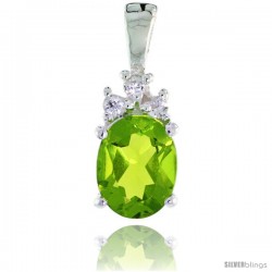 Sterling Silver Oval-shaped August Birthstone CZ Pendant, w/ 9x7mm Oval Cut Peridot-colored Stone & Brilliant Cut Clear Stones