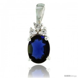 Sterling Silver Oval-shaped September Birthstone CZ Pendant, w/ 9x7mm Oval Cut Blue Sapphire-colored Stone & Brilliant Cut