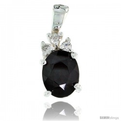 Sterling Silver Oval-shaped CZ Pendant, w/ 9x7mm Oval Cut Black Stone & Brilliant Cut Clear Stones, w/ 18" Thin Box Chain