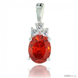 Sterling Silver Oval-shaped CZ Pendant, w/ 9x7mm Oval Cut Orange Sapphire-colored Stone & Brilliant Cut Clear Stones, w/ 18"