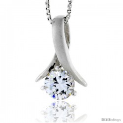 High Polished Sterling Silver 3/4" (19 mm) tall Freeform Pendant, w/ 7mm Brilliant Cut CZ Stone, w/ 18" Thin Box Chain