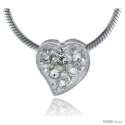 High Polished Sterling Silver 3/8" (9 mm) tall Teeny Heart Pendant Slide, w/ Six 2mm Brilliant Cut CZ Stones, w/ 18" Thin Box