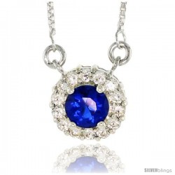 Sterling Silver Journey Pendant w/ 7mm Round Cut Synthetic Sapphire & High Quality CZ Stones, 1/2" (13 mm) tall