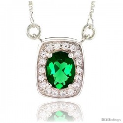 Sterling Silver Journey Pendant w/ 9x7mm Oval Cut Synthetic Emerald & High Quality CZ Stones, 9/16" (15 mm) tall