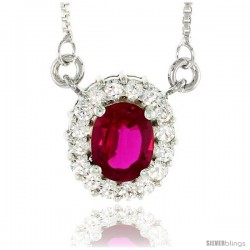 Sterling Silver Journey Pendant w/ 9x7mm Oval Cut Synthetic Ruby & High Quality CZ Stones, 9/16" (14 mm) tall