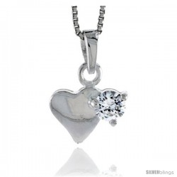 High Polished Sterling Silver 9/16" (14 mm) tall Heart Pendant, w/ 5mm Brilliant Cut CZ Stone, w/ 18" Thin Box Chain