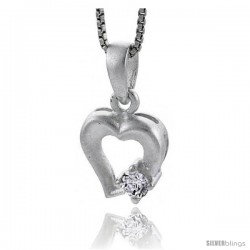 High Polished Sterling Silver 5/8" (16 mm) tall Fancy Heart Cut Out Pendant, w/ 4mm Brilliant Cut CZ Stone, w/ 18" Thin Box