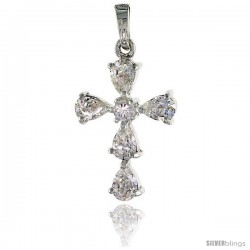 High Polished Sterling Silver 1 1/16" (26 mm) tall Cross Pendant, w/ 3mm Brilliant Cut & five 6x4mm Pear Cut CZ Stones, w/ 18"