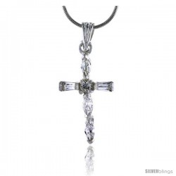 High Polished Sterling Silver 1" (25 mm) tall Cross Pendant, w/ Baguette, Brilliant Cut & Marquise Cut CZ Stones, w/ 18" Thin