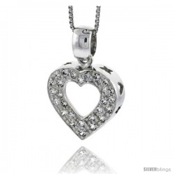 High Polished Sterling Silver 3/4" (18 mm) tall Heart Cut Out Pendant, w/ Brilliant Cut CZ Stones, w/ 18" Thin Box Chain